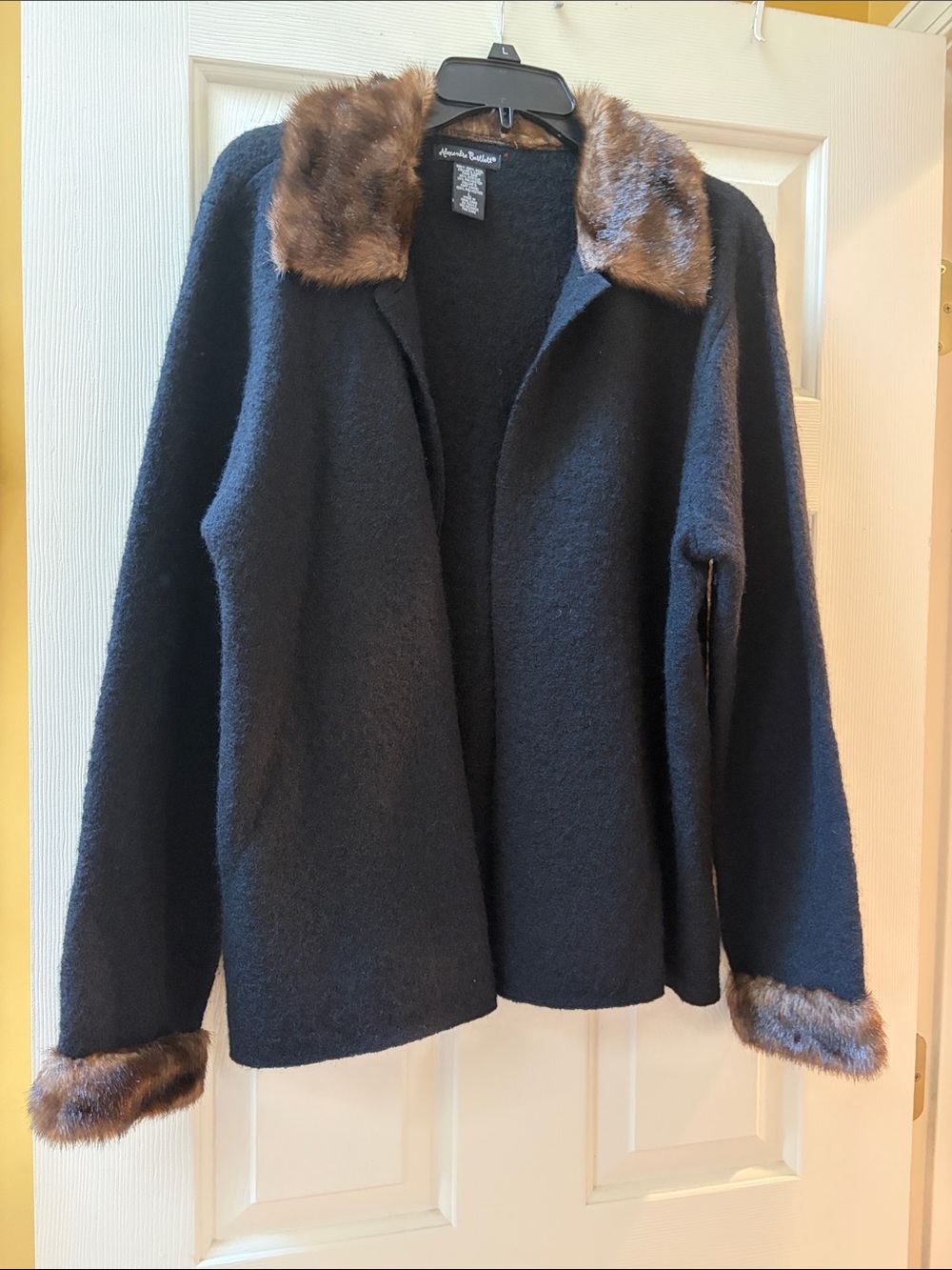 Alexandra Bartlett Black Wool Sweater with Brown Faux Fur Trim